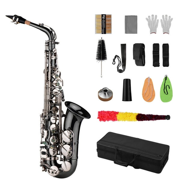 Professional Brass Bend Eb E-flat Alto Saxophone Sax Noir Nickel Placage  Clés avec étui de transport Gants Chiffon de nettoyage Sangles Graisse  Brosse 