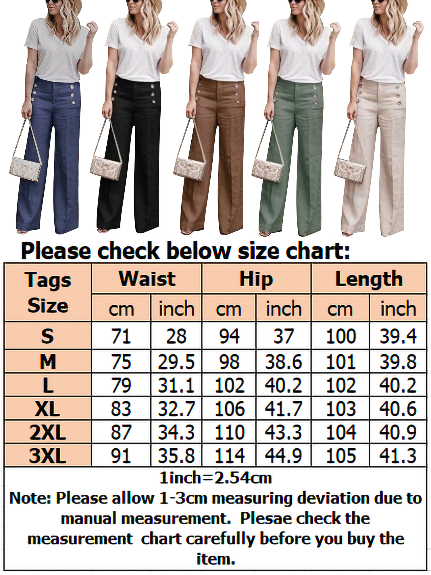 Women's High Waist Wide Leg Palazzo Pants OL Button Long Pants Solid Color Casual Loose Office Work Pants Trousers - image 2 of 2