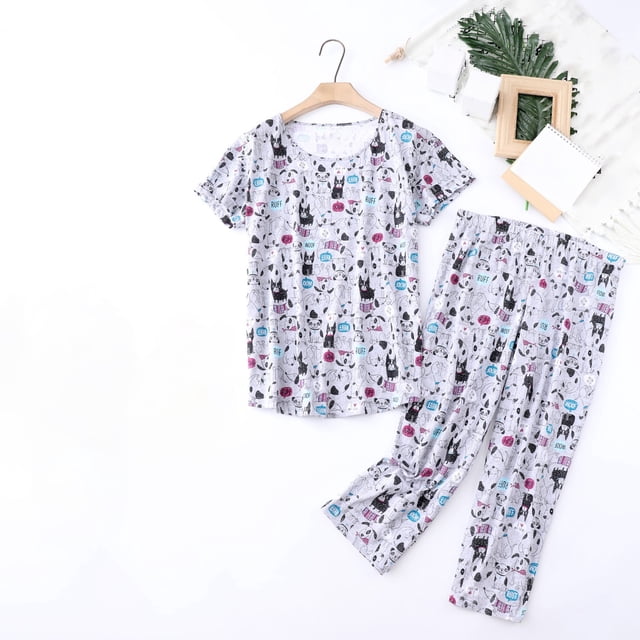 Kelon Ensembles de Pyjama pour Femmes en Solde Femme Pyjamas Mélangés Ensemble de Pyjama en Coton pour Femmes Mignon Ensemble 2 Pcs Confortable d'Été Col en V T-Shirt à Manches Courtes Capri Tenue de Nuit
