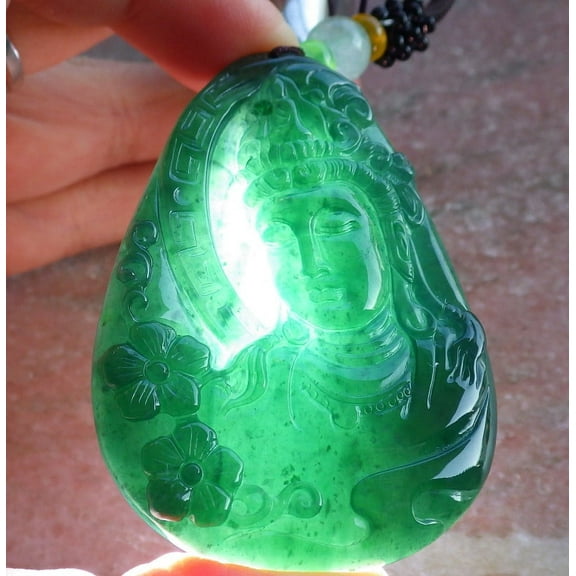 Certified Icy Green Burma Natural A Jade jadeite Pendant Guanyin Kwan Yin Flower Necklace  650396 TN