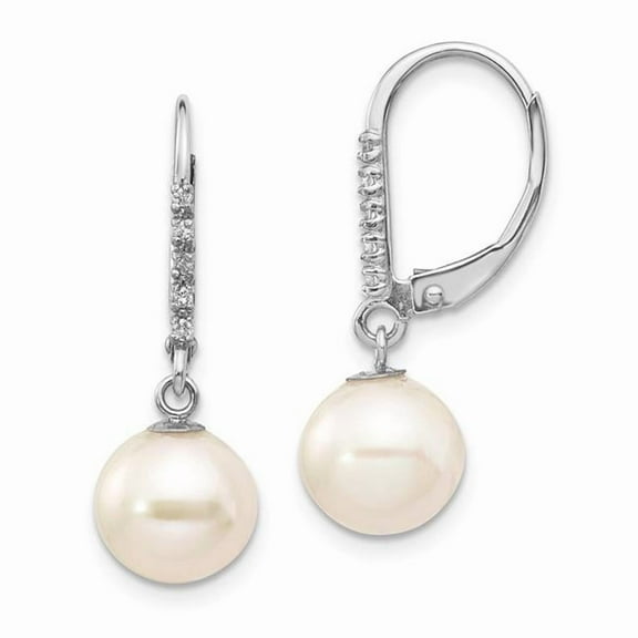 Primal Gold 14 Karat White Gold 8-9mm Round Freshwater Cultured Pearl .05ct Diamond Leverback Earrings