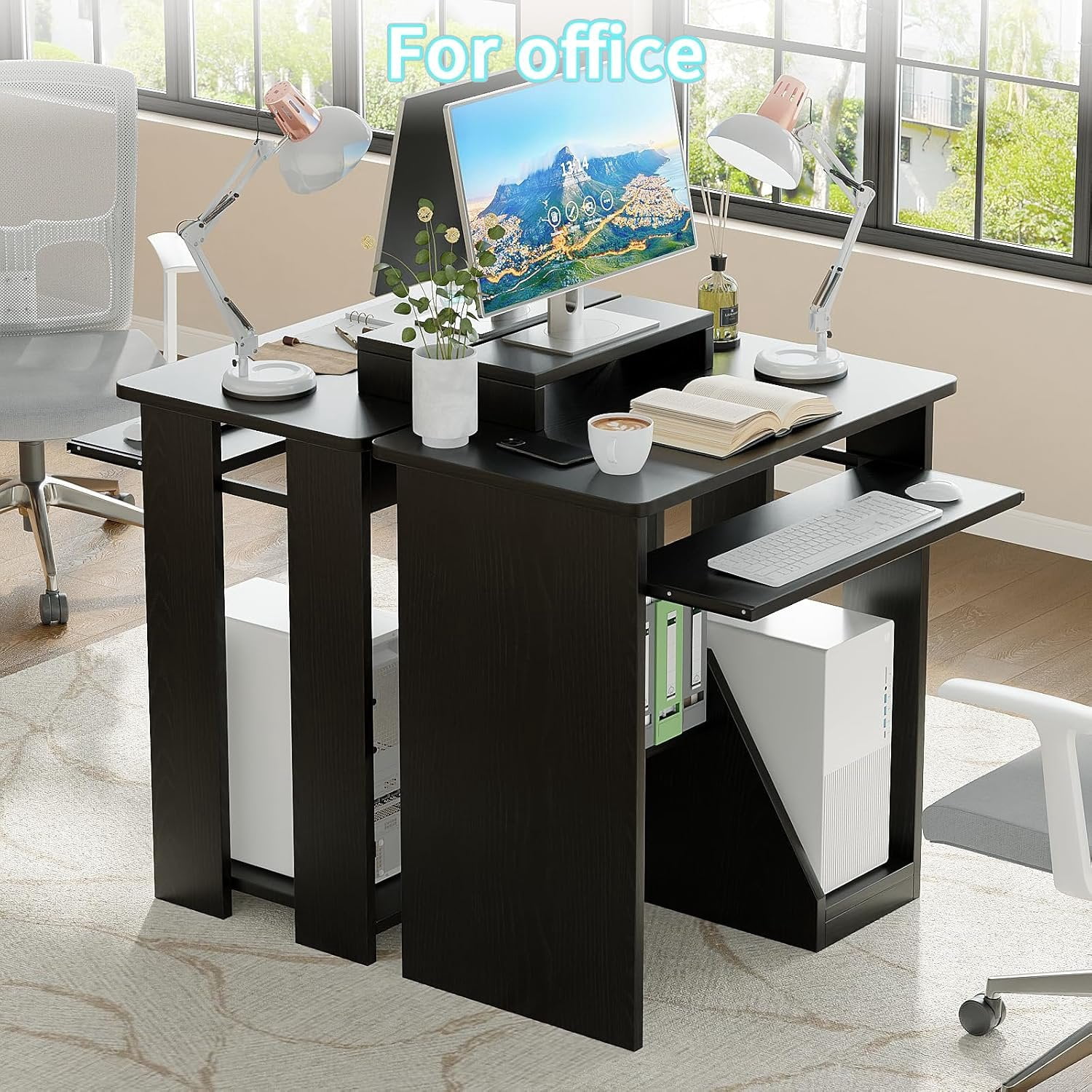 30" Small  Desk with Keyboard Tray  Stand, Study Writing Desk with Storage Shelves, Modern Workstation for Small Spaces, Save Space, Black A