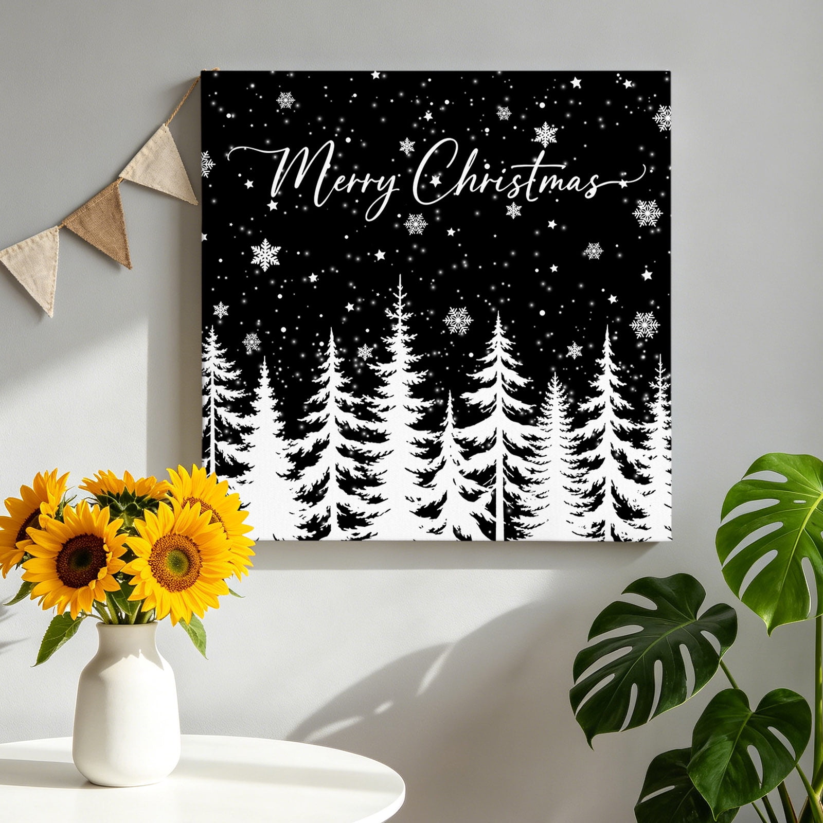 Merry Christmas Canvas Wall Art Winter Black Pine Tree Forest Snowflake Stars Pictures Wall Decor Wooden Framed Artwork Art Prints for Living Room Hallway Bedroom Office 8 x8