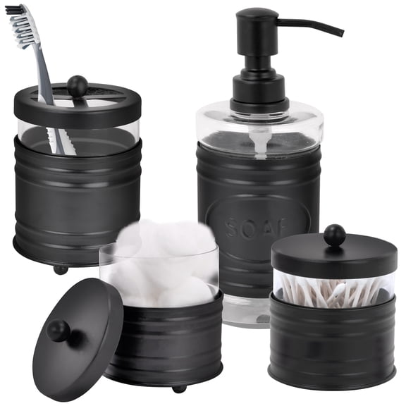 Autumn Alley Farmhouse Bathroom Accessory Set, 4 Piece Matte Black Bathroom Set – Soap Dispenser, Toothbrush Holder, 2 Glass Apothecary Jars for Cotton Balls & Q-Tips