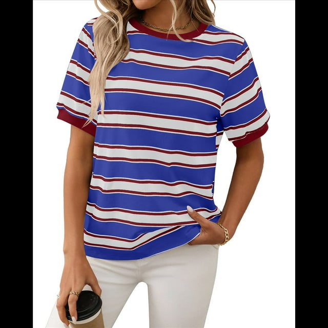 Camisetas de Corta con Bloques de Color A Rayas, Rojo Vino y Azul Oscuro XL