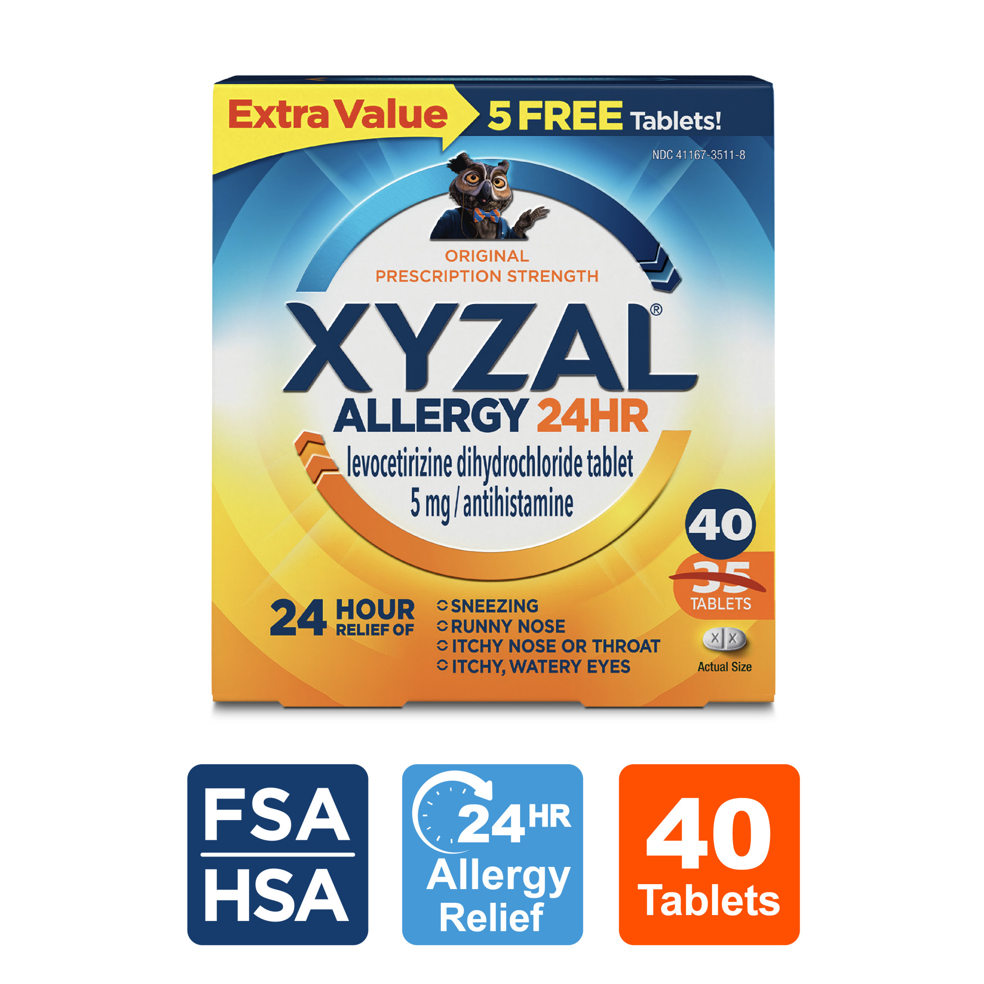 Xyzal 24 Hour Allergy Relief Medicine, Original Prescription Strength Antihistamine, Levocetirizine Dihydrochloride Tablets, 5 mg, 40 Count
