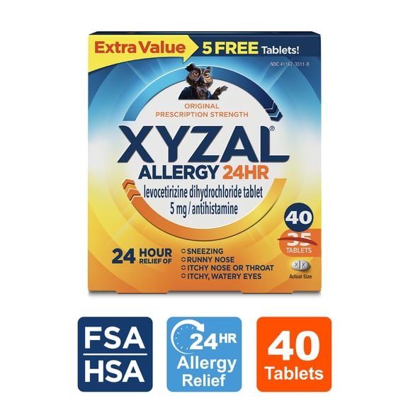 Xyzal 24 Hour Allergy Relief Medicine, Original Prescription Strength Antihistamine, Levocetirizine Dihydrochloride Tablets, 5 mg, 40 Count