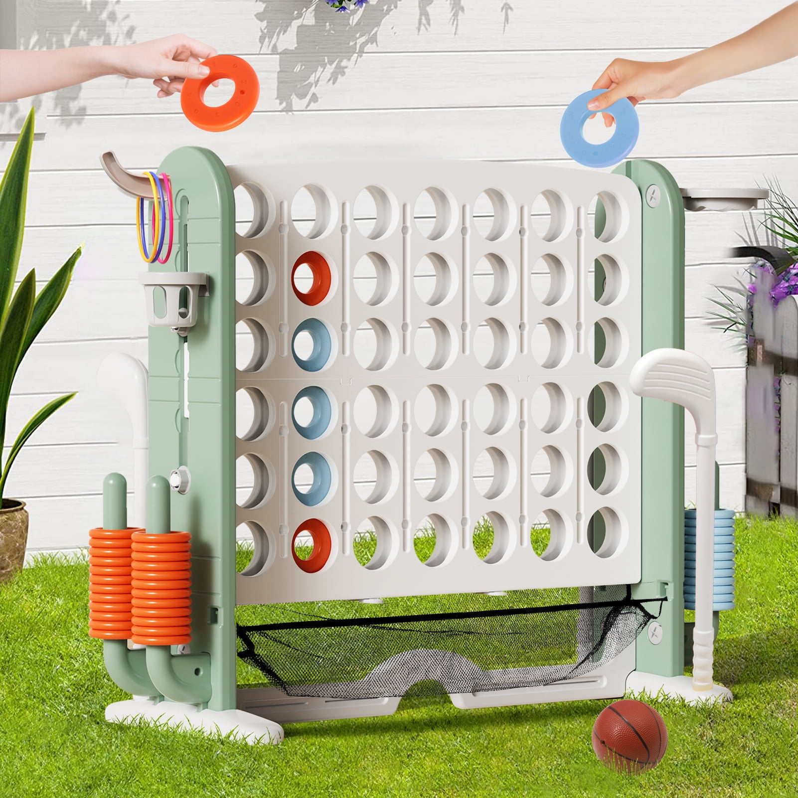 Wdmiya Jumbo 4-to-Score Giant Game Set, 4-in-a-Row Connect Game for Adults Kids Family Fun, Indoor Outdoor Adjustable Height Yard Family Game with w/ Golf Set, Basketball Hoop, Green White