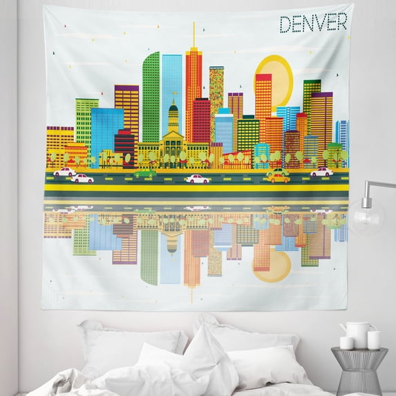 Colorado Tapestry, Denver Skyline Big Old Town Mile High City USA Famous Travel and Tourism Concept, Fabric Wall Hanging Decor for Bedroom Living Room Dorm, 5 Sizes, Multicolor, by Ambesonne
