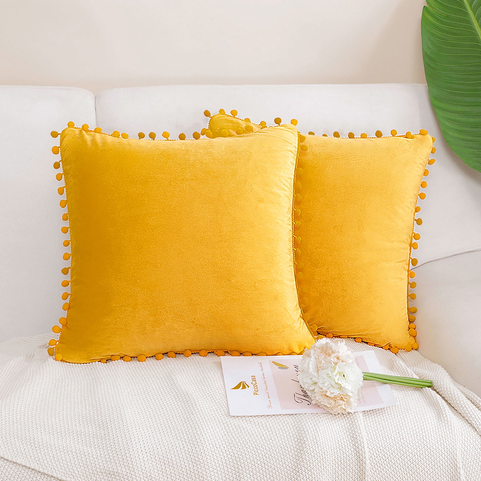 Unique Bargains Velvet Pillow Cover with Pompoms for Sofa 2PCS Golden Yellow 18x18Inch