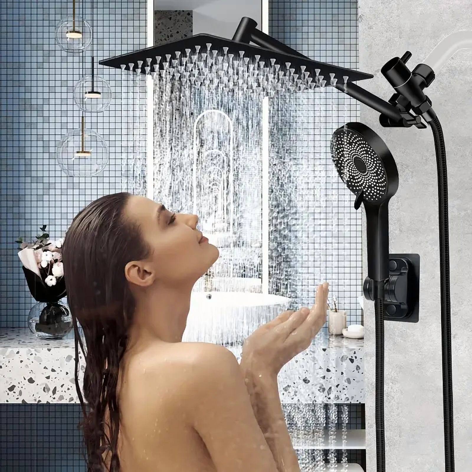 Shower Head Combo 10Inch High Pressure Rain Shower Head with 11 Inch Adjustable Extension Arm and 3 Settings Handheld Shower Head Combo with Long Hose
