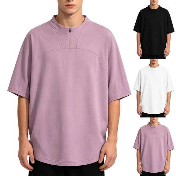 FRSASU Polo Shirts for Men Short Sleeve Quarter Zipper Collar Shirts Casual Fashion Oversized Tops White