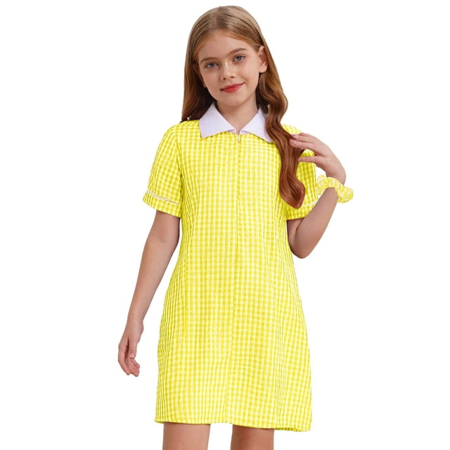 Moggemol Robe d'École à Carreaux pour Filles, Manches Courtes, Robe Trapèze, Uniforme Scolaire pour Quotidien, Décontracté, Fête, Jaune, 6