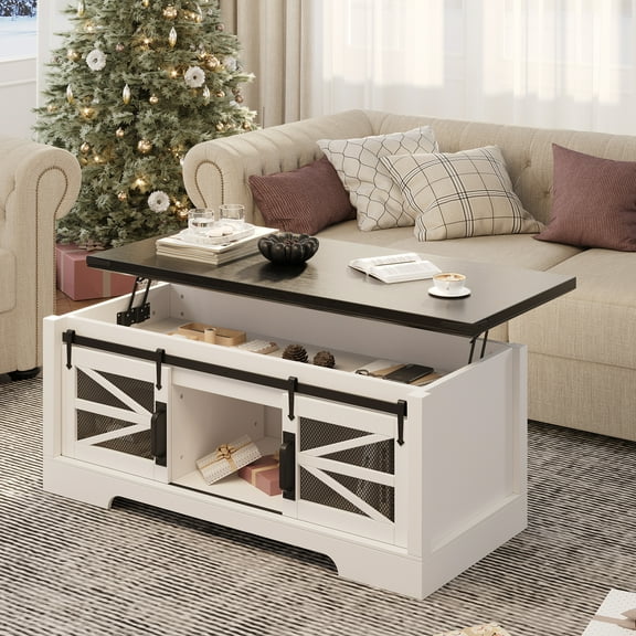 47.2" Lift Top Coffee Table, Farmhouse Living Room Table with Sliding Groove Barn Doors, Wood Center Table with Large Storage, White Center Table For Living Room