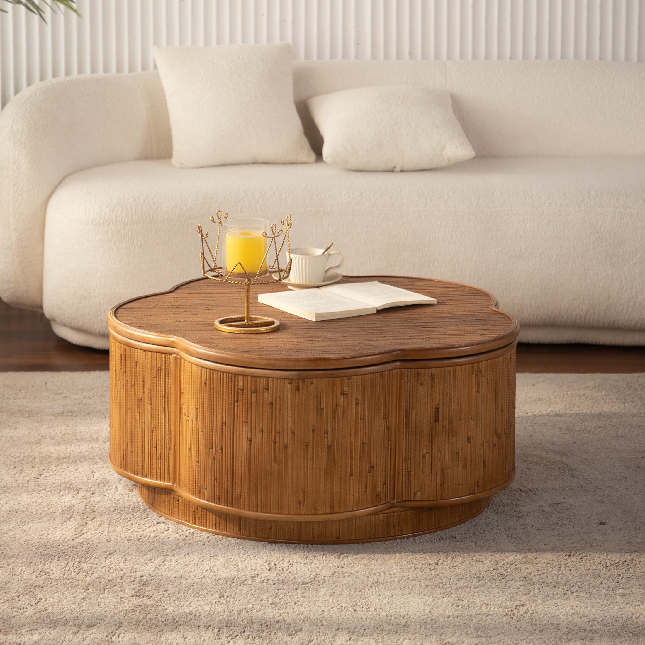 Noble House Flower Rattan Coffee Table with Lift-Off Lid Storage, Boho-Chic Petal Design, for Living Room, Natural Wood