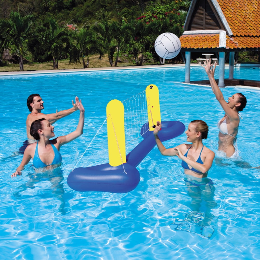 Inflatable Pool Float Set Volleyball Net & Basketball Hoops; Balls