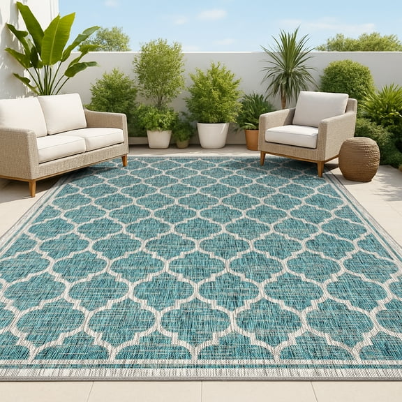 JONATHAN Y SANTA MONICA 8 x 10 Area Rug, Trebol Moroccan Trellis Textured Weave - Teal/Gray, SMB109E-8