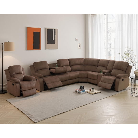 Manual Recliner Sectional Sofa Set, Fabric L-Shaped Living Room Furniture Sets, Reclining Sectional Corner Couch and Recliner Chair Set for Home Office (Brown, Sectional   Chair)
