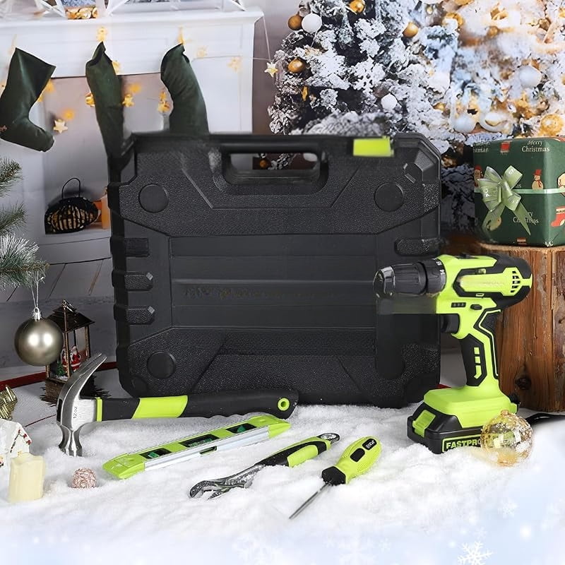 177-Piece 20V Cordless Lithium-ion Drill Driver and Home Tool Set, Household Repairing Kit with in Storage Case, Green