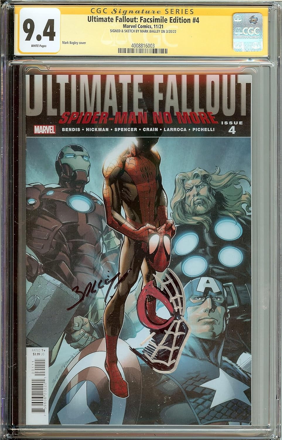 Ultimate Fallout Facsimile Edition #4 1st App Miles Morales Signed Remark Mark Bagley