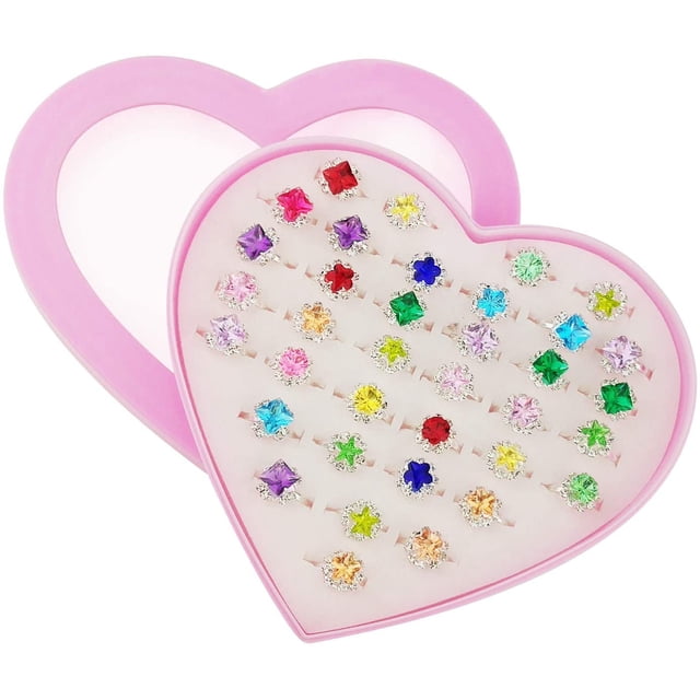 ZECAT 36 pcs Little Girl Adjustable Rhinestone Gem Rings in Box, Children Kids Jewelry Rings Set with Heart Shape Display Case, Girl Pretend Play and Dress up Rings for Kids