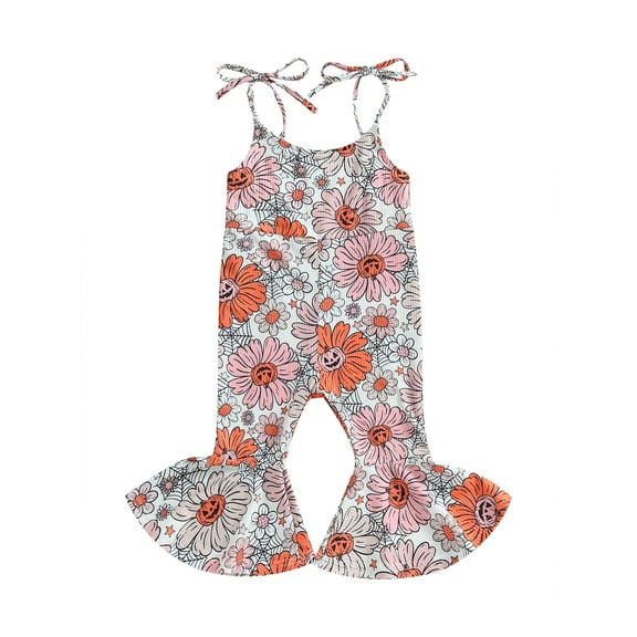 ZINTAOZT Toddler Baby Girls Halloween Jumpsuit Flower/Pumpkin Sleeveless Tie-up Bell-Bottoms Romper Outfit Fall Clothes