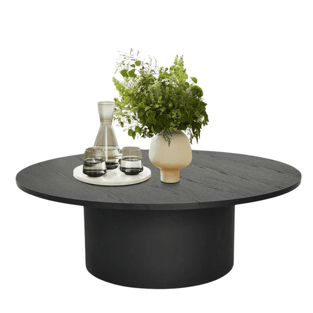 KOSSMAI Modern 39.37” Round Coffee Table with Drum Pedestal Base, Low Profile Center Table for Living Room Black