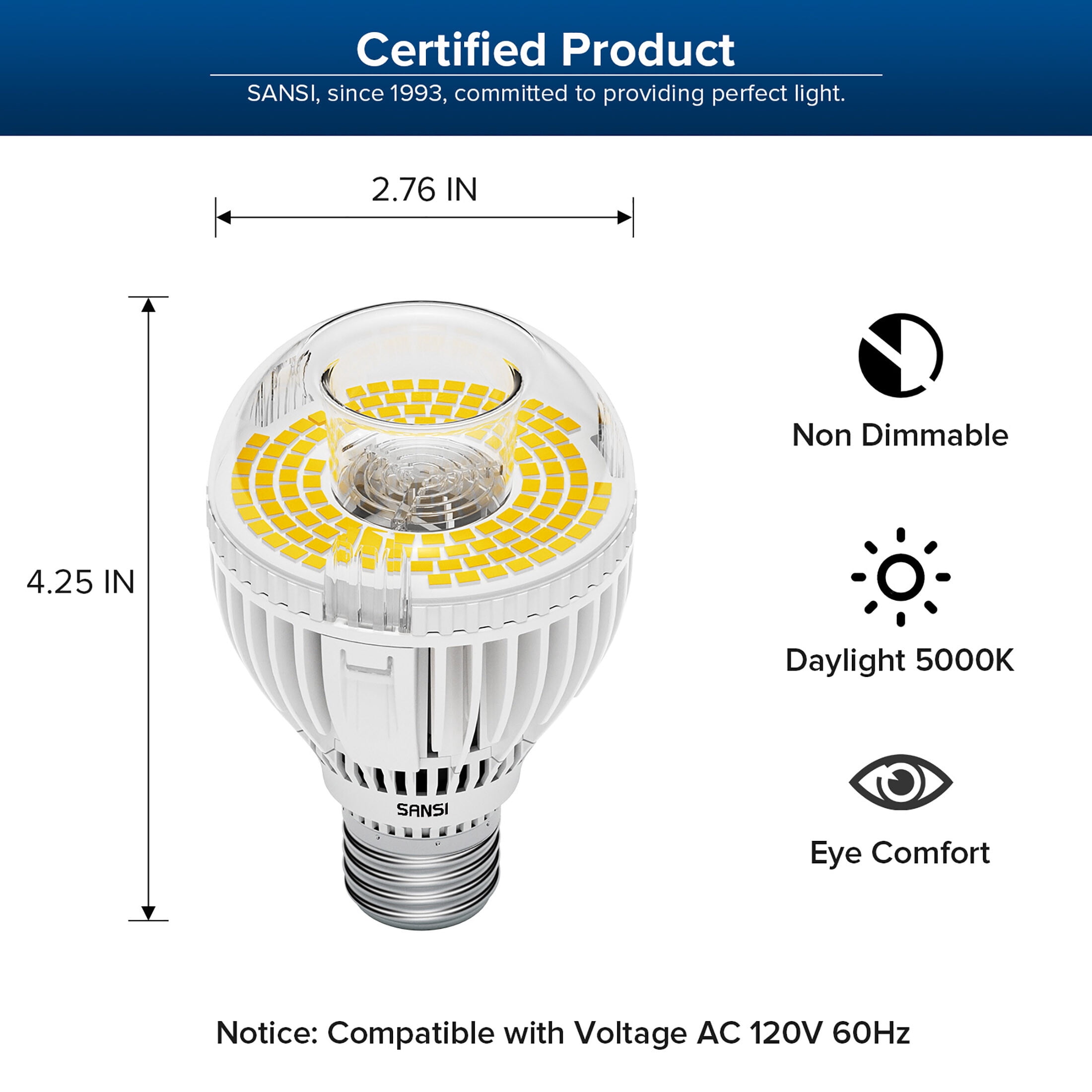 SANSI 30 Watts (300W Equiv) A19 LED Light Bulb, 4500 Lumens, E26 Base, 5000K Daylight Non-Dimmable
