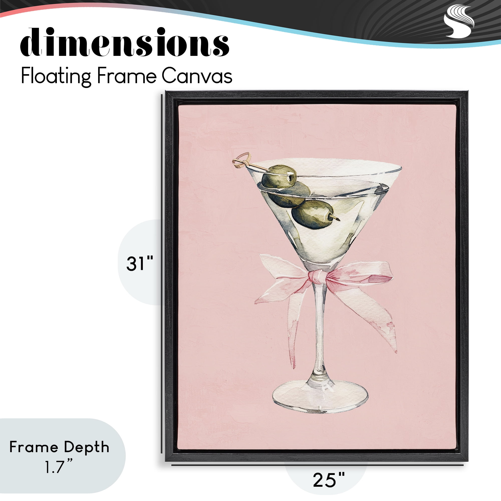 Stupell Industries Martini with Pink Bow Black Framed Floater Canvas Wall Art, design by Kim Allen