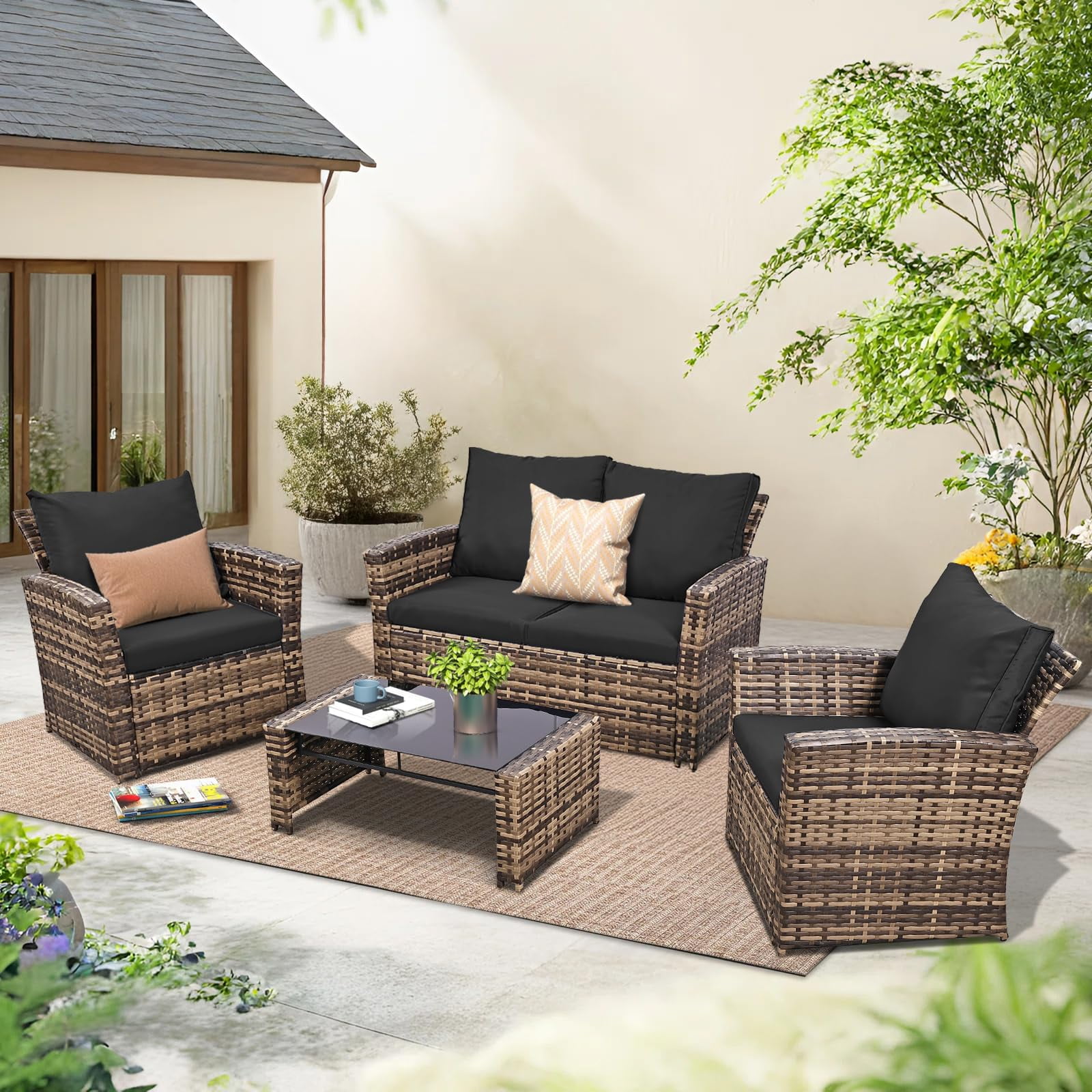 4 Piece Outdoor Patio Furniture Set,Wicker Conversation Sets Outdoor Sectional Patio Sofa Couch with Cushions & Coffee Table for Outside, Garden, Balcony, Porch,Yellow/Black