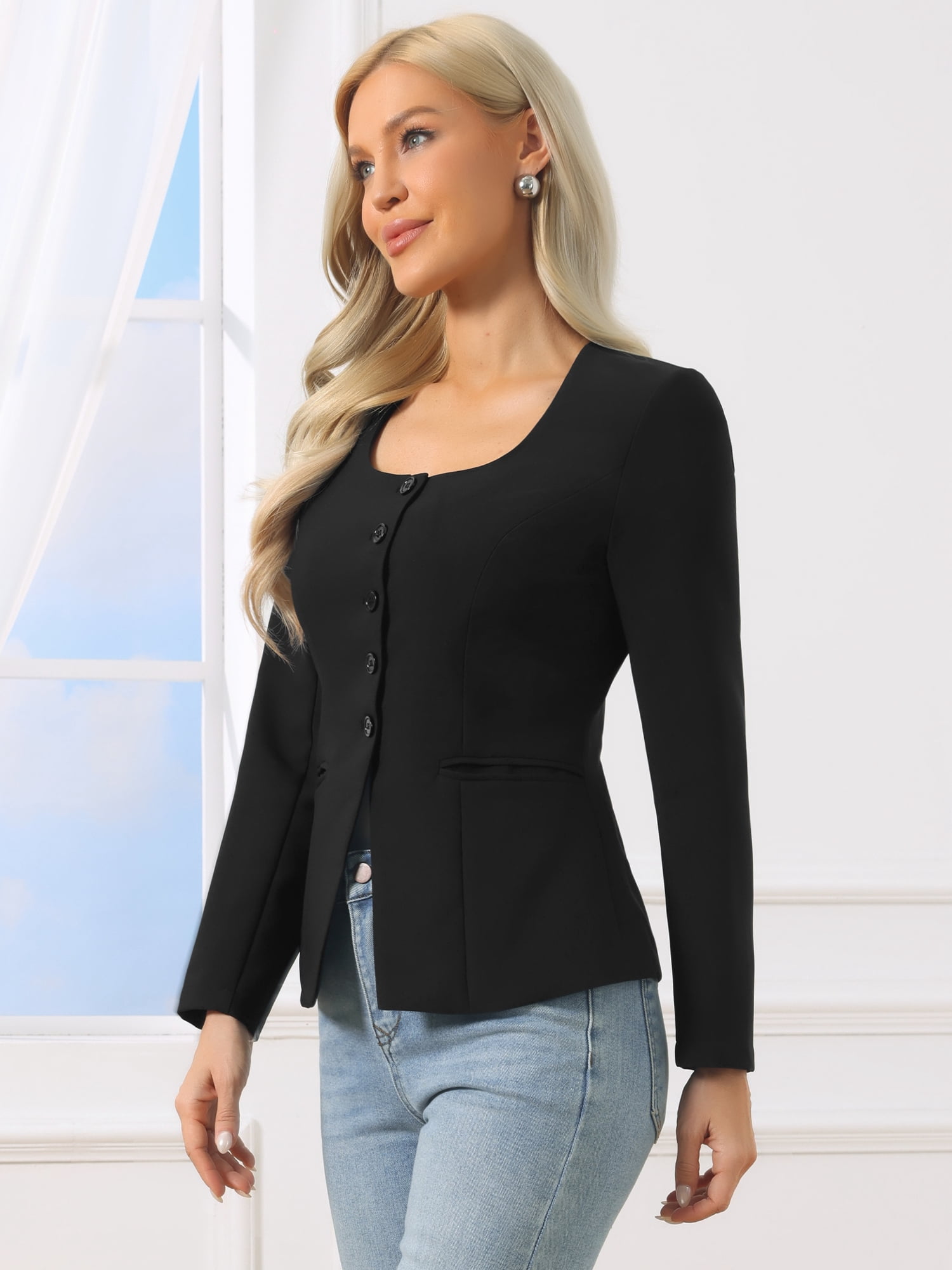 DARING DIVA Women's Casual Collarless Button Down Scoop Neck Fitted Blazer L Black