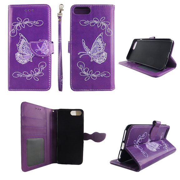 Butterfly Purple Wallet Folio Case for Iphone 8 8S Plus Fashion Flip PU Leather Cover Card Cash Slots & Stand