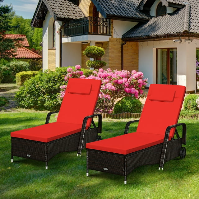 2PCS Patio Rotin Chaise Longue Fauteuil Inclinable Ajuster Avecrouge & Couverture Blanche Off