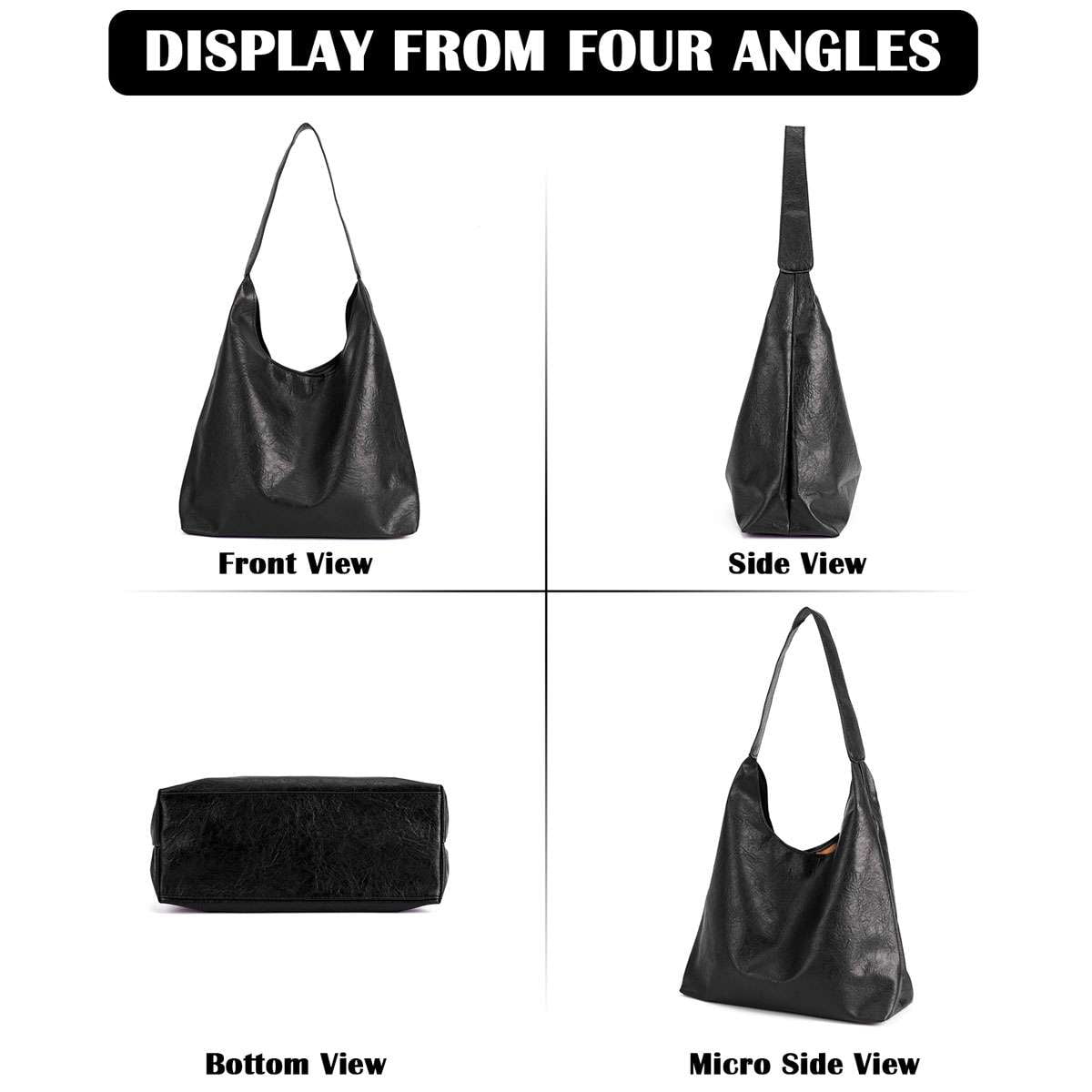 Spencer Retro PU Bags for Women Tote Bag with Purse Slouchy Bag Hobo Handbag Crescent Satchels Shoulder Bag, 2pcs Bag Set, Black