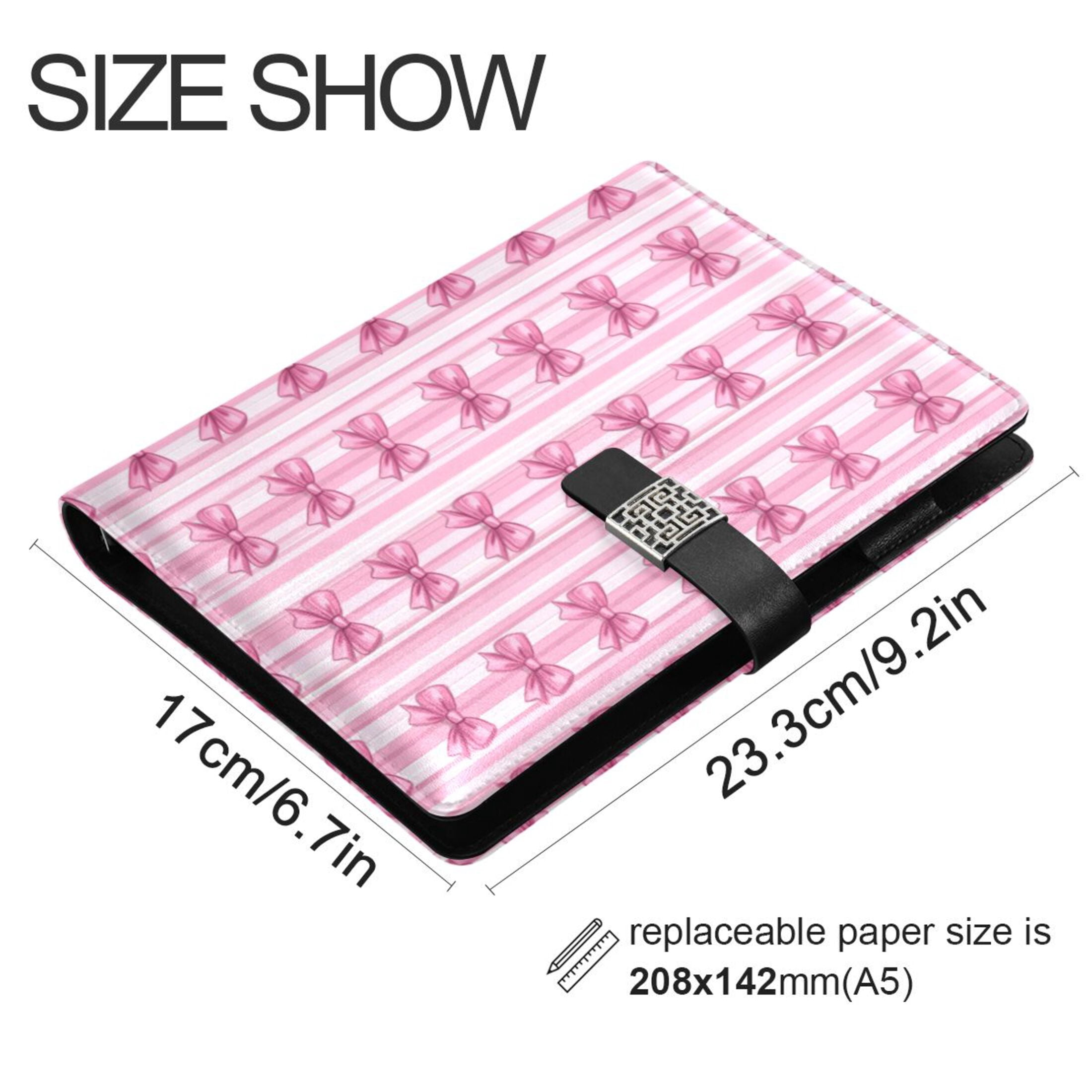 9.2x6.7 inch Leather Notebook 100 Sheets, Multi-Pocket Design & Pen Loop Pink Bows Refillable Journal Organizer