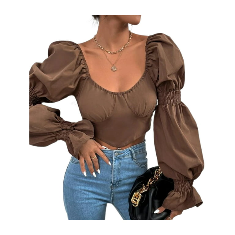 Peyakidsaa Women Elegant Long Puff Sleeve Shirt Tops Retro Low-Cut Off  Shoulder Backless Crop Tops Blouse