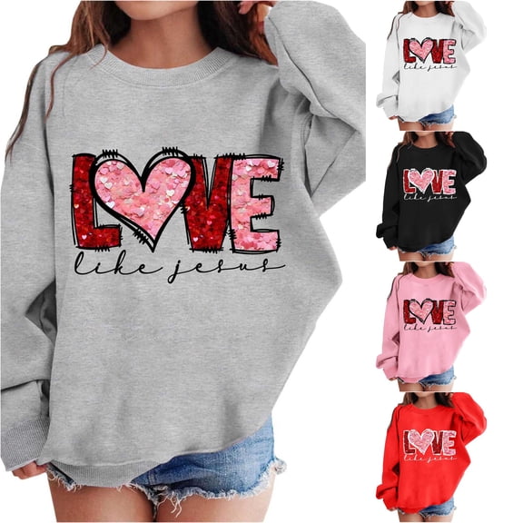 Byoo Heart Print Sweatshirt for Girl Crewneck Long Sleeve Casual Pullover Daily Loose Fit Sweatshirt,Grey