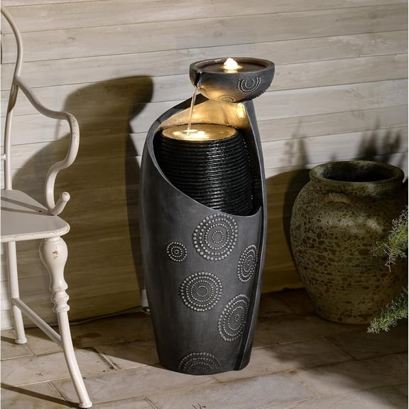 Outdoor Water Fountain Feature Indoor Garden Large Jar Floor Standing Fountains Waterfall with LED Light & Pump for Home Decor Office Yard Patio Deck Porch, 32 inches,Gray