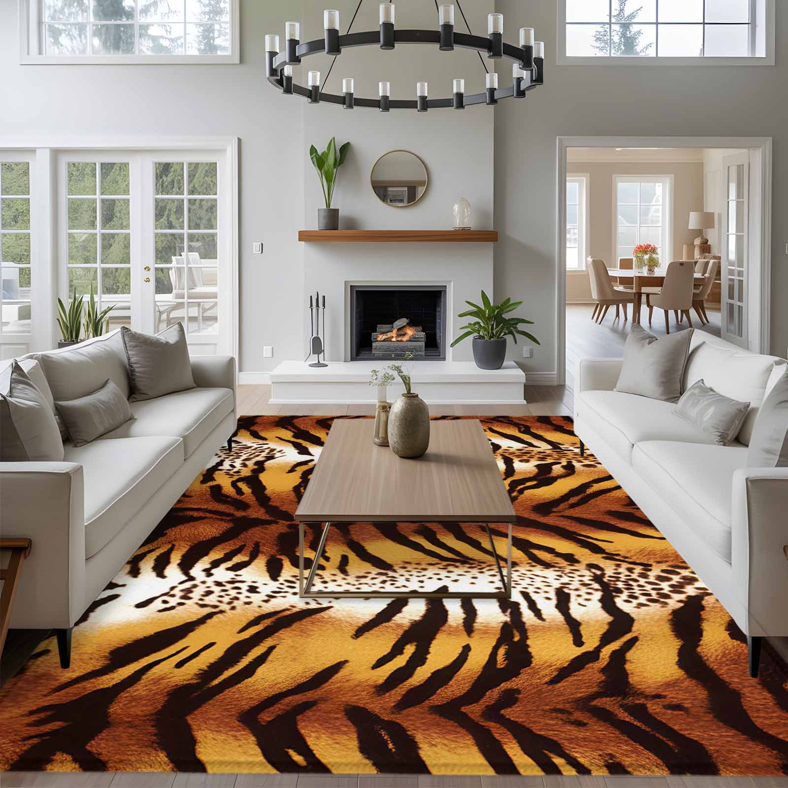 Leopard Stripes Area Rugs 5'x7', Washable Small Throw Rugs for Laundry Room Playroom, Farmhouse Brown Black Animals Texture Indoor Outdoor Rug Non-Slip Low Pile Carpet Runner Reversible Floor Mats
