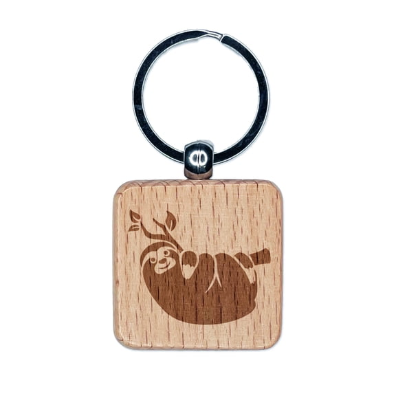 Sloth Hanging on Tree Branch Square Keychain Charm Tag - Engraved Wood