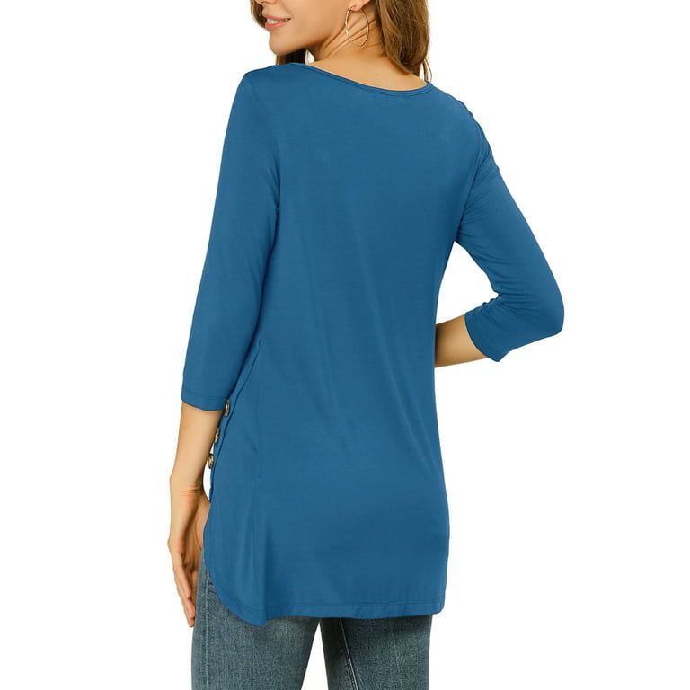 Unique Bargains Women's Plus Size Outfits Fashion Tie dye V Neck 3/4 Sleeve Tops  2X Blue 