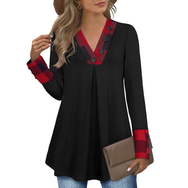 Blusa tipo túnica Messic para mujer, moda de otoño 2024, cuello en V, color negro a cuadros