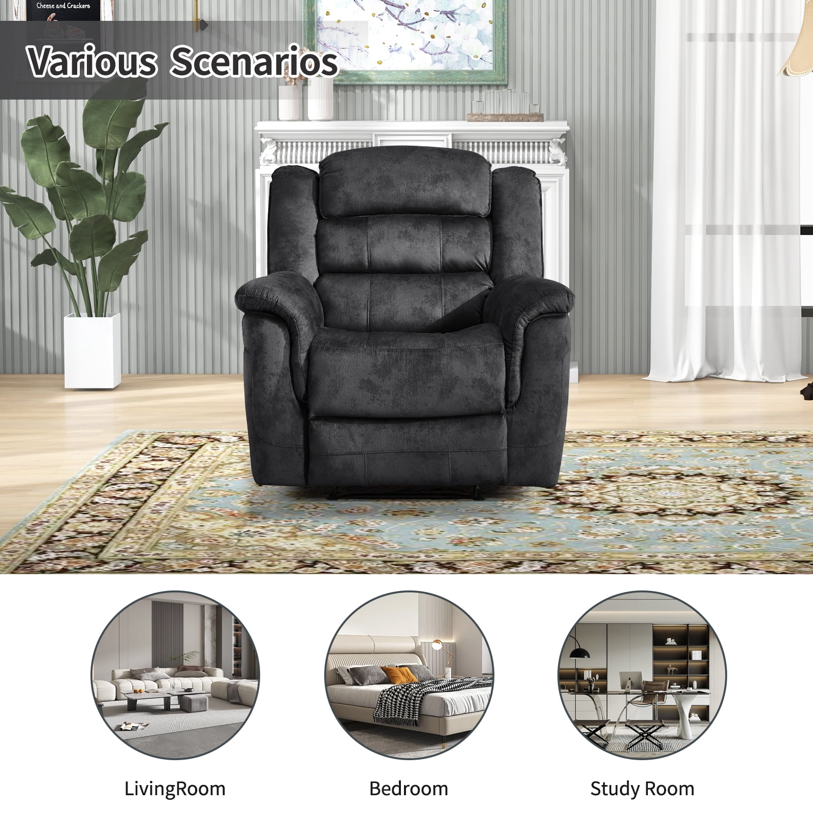 Bonzy Home Fabric Manual Recliner Chair — Modern Single-Seat Recliner with Padded Armrests & Backrest for Living Room & Bedroom Gray