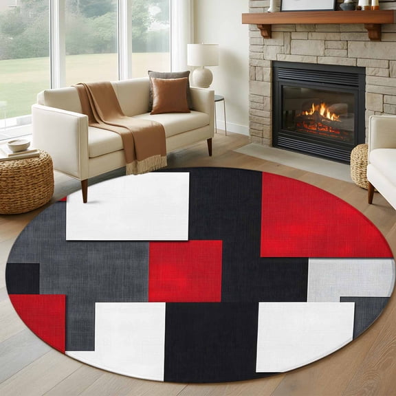 Round Area Rug 8 Ft, Red Grey Geometric Washable Non-Slip Circle Carpet for Living Room/Bedroom, Modern Abstract Art Luxury Collection Low-Profile Large Area Rugs for Indoor