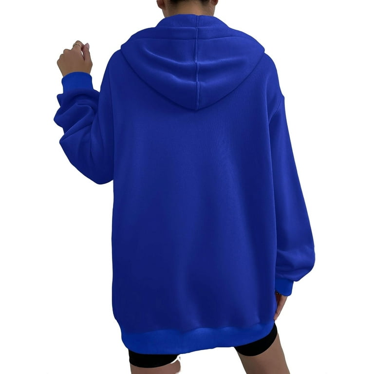 Casual Plain Hooded Zip Up Long Sleeve Navy Blue Women Sweatshirts (Women's), Size: XL(12)
