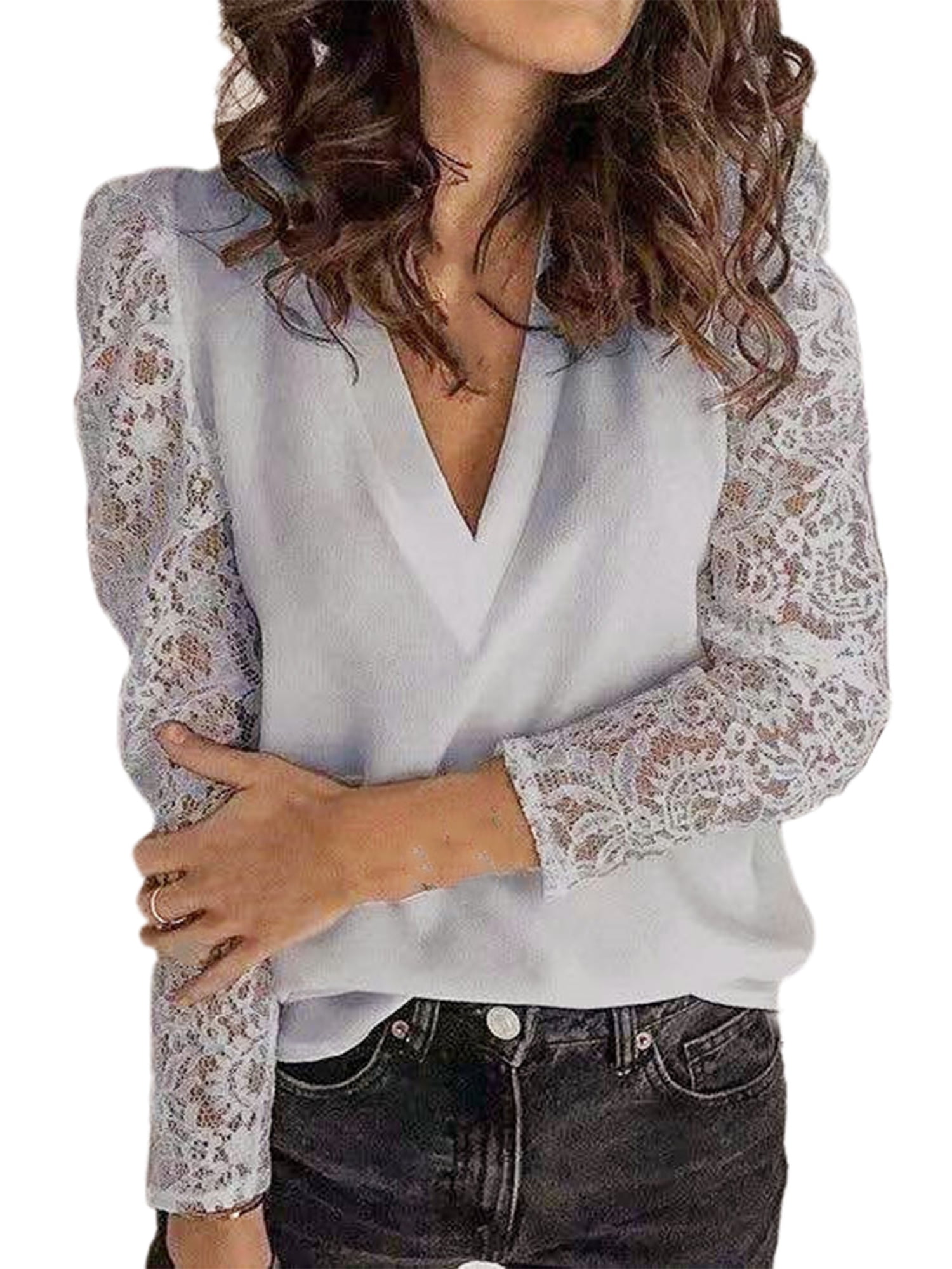 Womens Lace Long Sleeve T Shirt Ladies V Neck Blouse White Casual Loose Tops