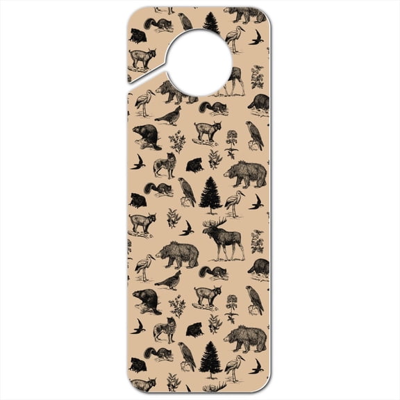 Forest Animals Pattern Moose Bear Wolf Raccoon Birds Plastic Door Knob Hanger Sign