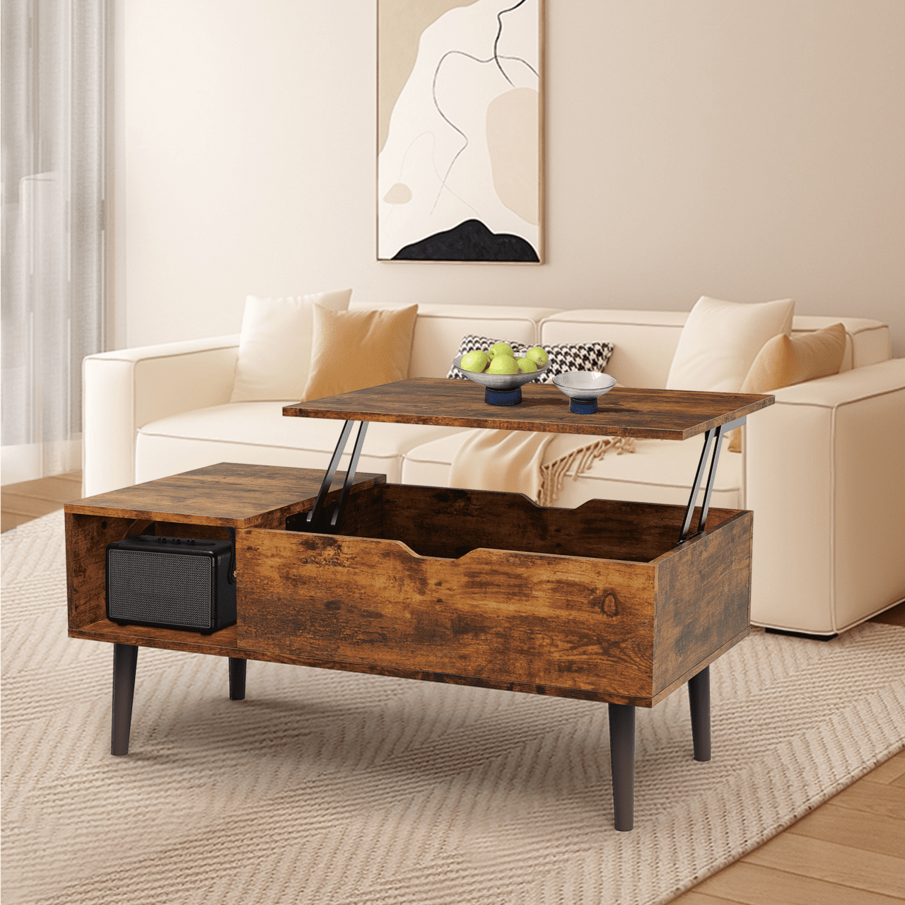 CONCETTA Modern Lift-Top Coffee Table for Living Room - Adjustable Height Convertible Center Table with Storage, Espresso Finish, Rust