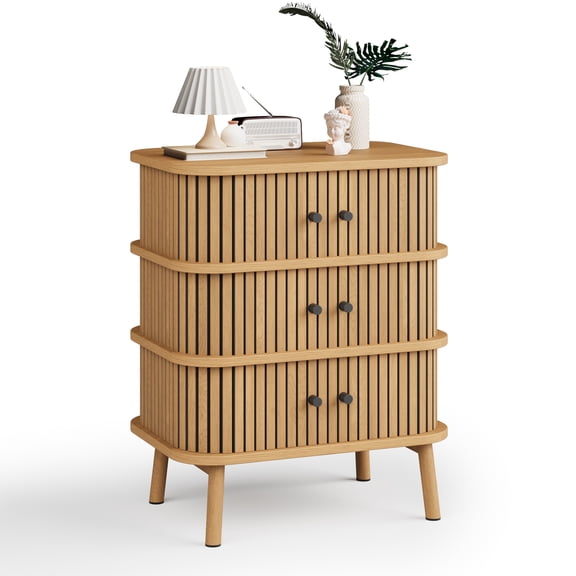 Garvee Mid-Century Modern Dresser - 3 Drawers with Boho Wicker Sliding Door, Spacious Storage, Wooden Legs, Compact Accent Cabinet for Bedroom, bedside table or Entryway, Wild Oak Color