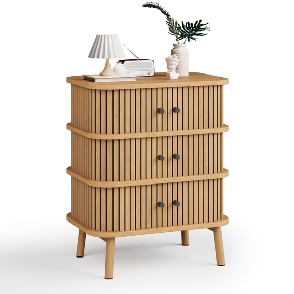 Mid Century Modern 3 Drawer Dresser with Wicker Sliding Door, 25.6 Inch Wild Oak Storage Cabinet with Wood Legs, Compact Organizer for Bedroom Entryway Hallway Living Room